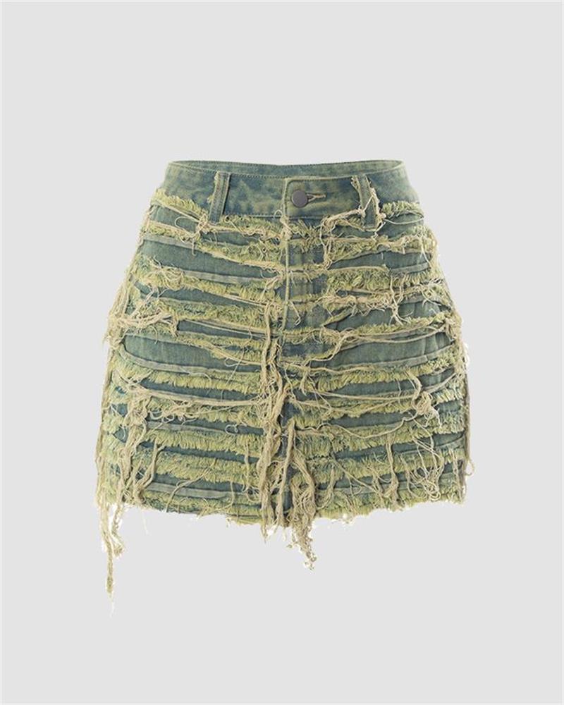 Thérèse – Distressed design – Ripped denim mini skirt-Apparel & Accessories > Clothing > Skirts > Ripped Denim Skirts-Cíelo Fióra Atelier