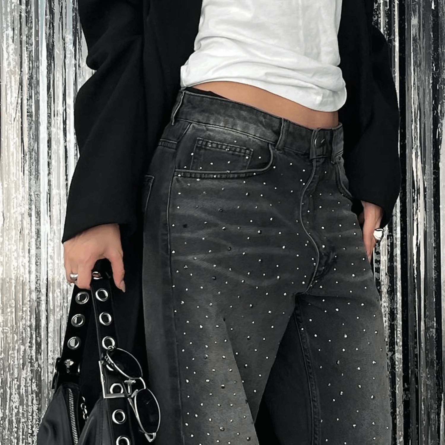 Veslyn – Distressed wash – Rhinestone jeans-Apparel & Accessories > Clothing > Pants > Embellished Pants-Cíelo Fióra Atelier