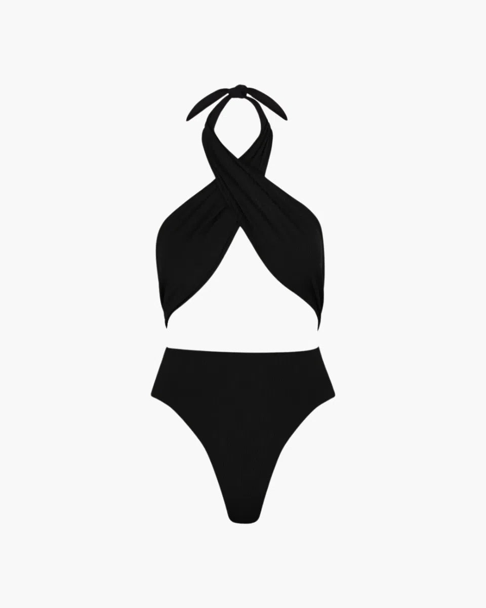 Xylia – Cross-over front – Black one-piece bodysuit-Apparel & Accessories > Clothing > Swimwear > One-Piece Swimsuits-Cíelo Fióra Atelier