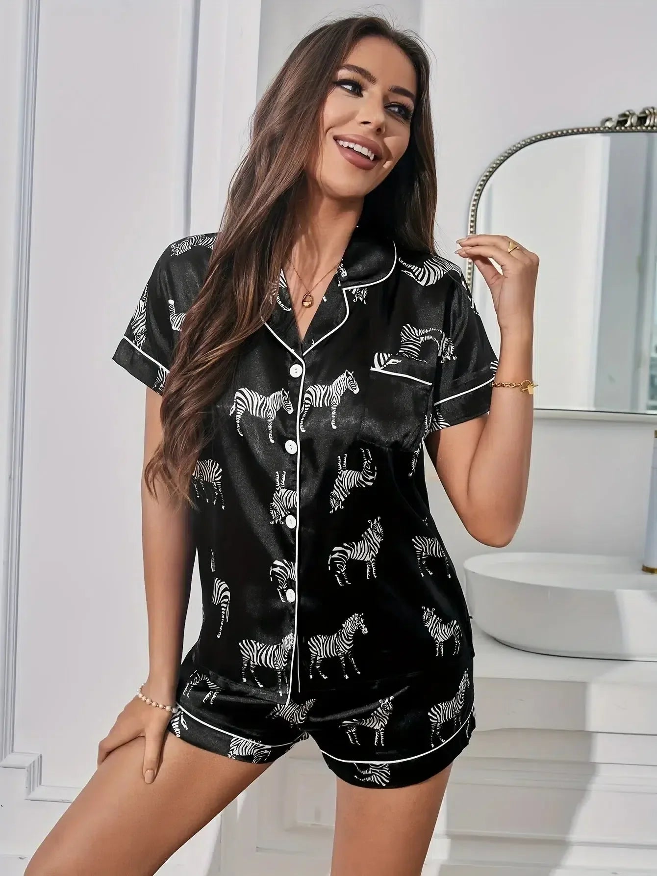 Zelinda – Zebra print – Satin pajama set-Apparel & Accessories > Sleepwear & Loungewear > Pajamas > Women's Pajama Sets-Cíelo Fióra Atelier